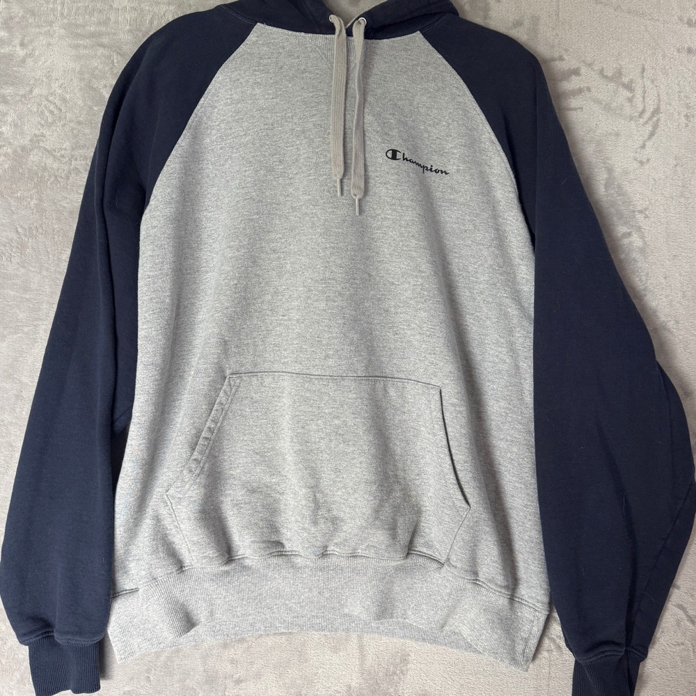 Vintage Champion Mens Raglan Hoodie Grey Navy Script Logo Sweatshirt XL S